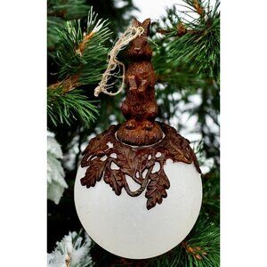 Rustic Bunny Rabbit Christmas Tree Ornament Frosted White Ball Leaf Forest